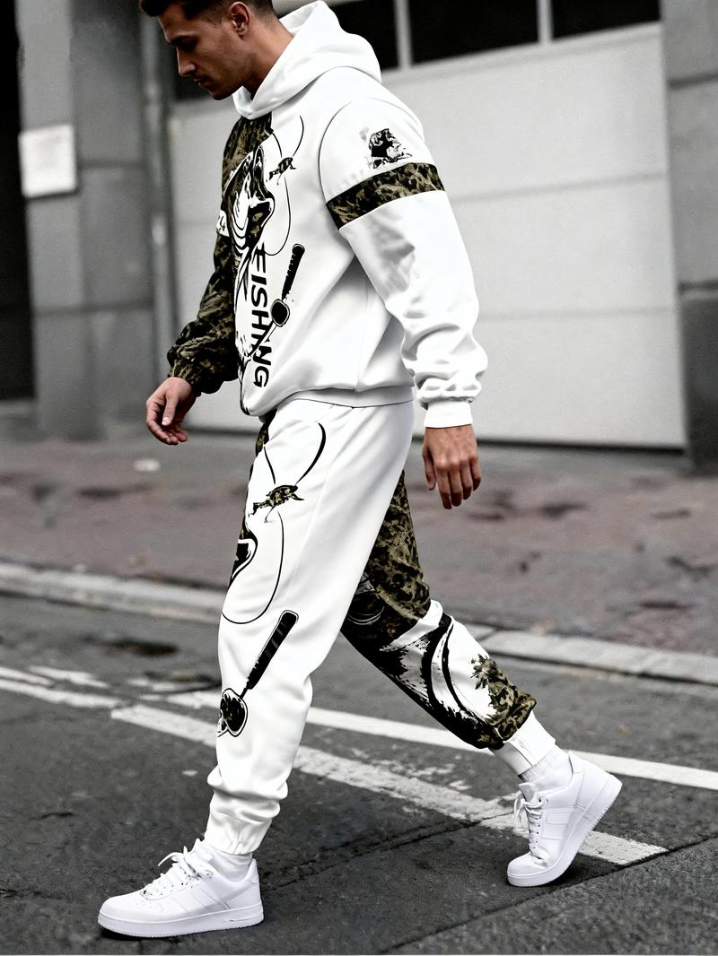 European and American men's digital printed hooded sweatshirt+pants set - salmon print camouflage splicing, fashionable running casual two-piece set