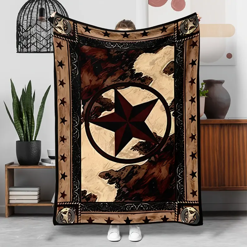 1 Western-style flannel blanket - dark brown/black with star and revolver patterns and ornate trim, a soft all-season throw suitable for beds, sofas or floors; rustic southwestern home decor (machine washable), bed covering, vintage aesthetic, 3D printed