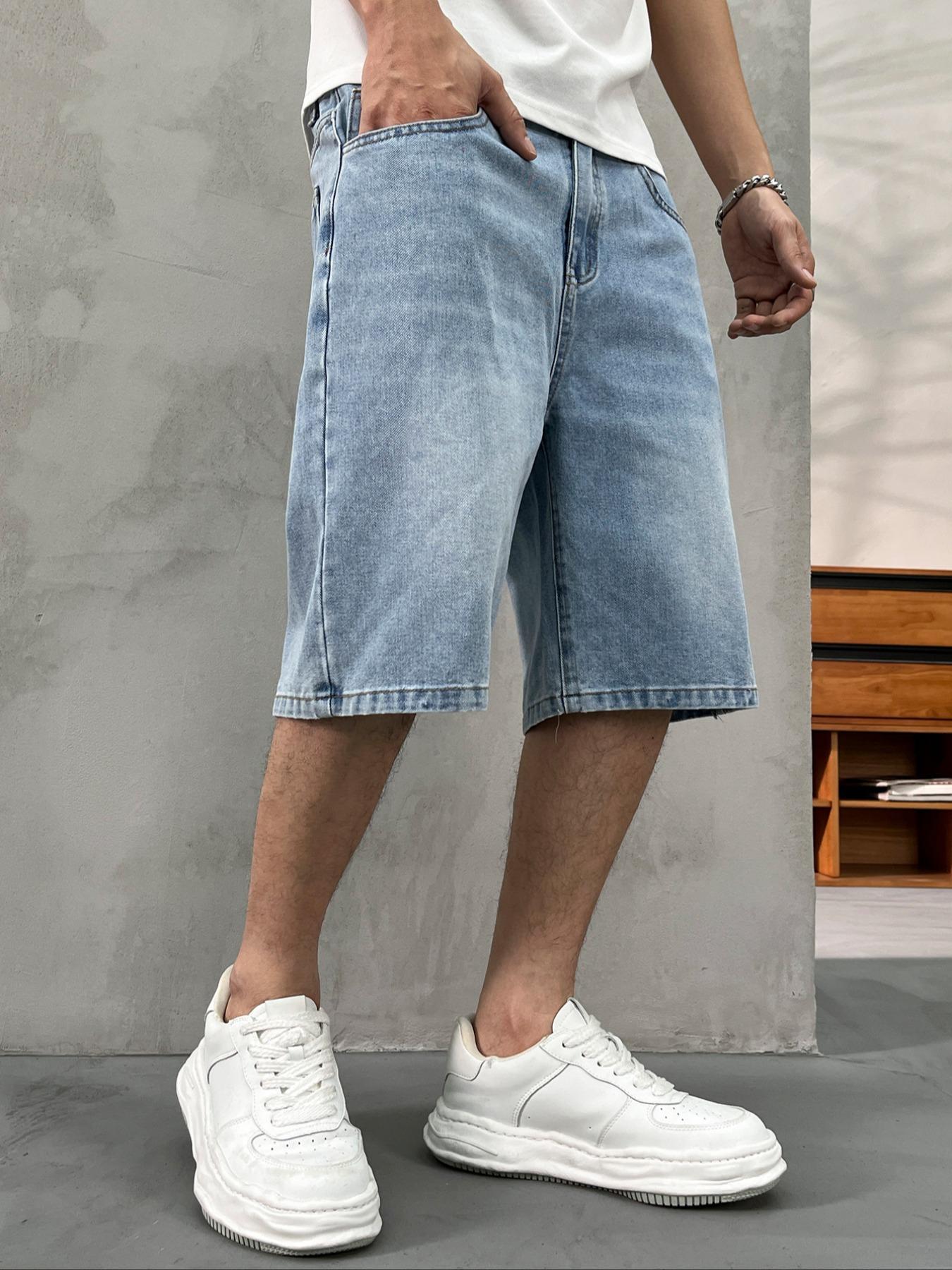 Men's washed retro color denim shorts, trendy, versatile, loose straight-leg casual streetwear denim five-point pants Men's washed retro color denim shorts, trendy, versatile, loose straight-leg casual streetwear denim five-point pants