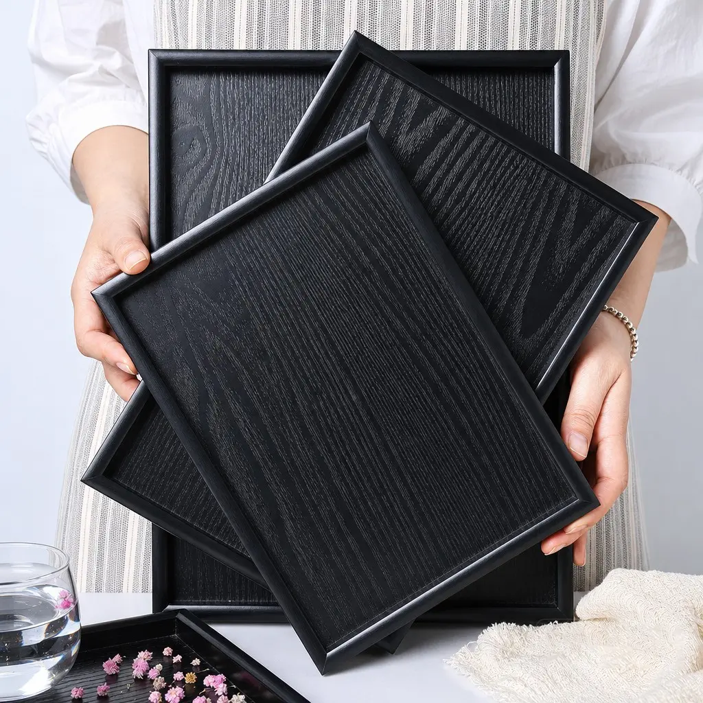 Rectangle Shape Solid Wood Tea Tray Coffee Snack Food Serving Tray Plate Restaurant Trays Black