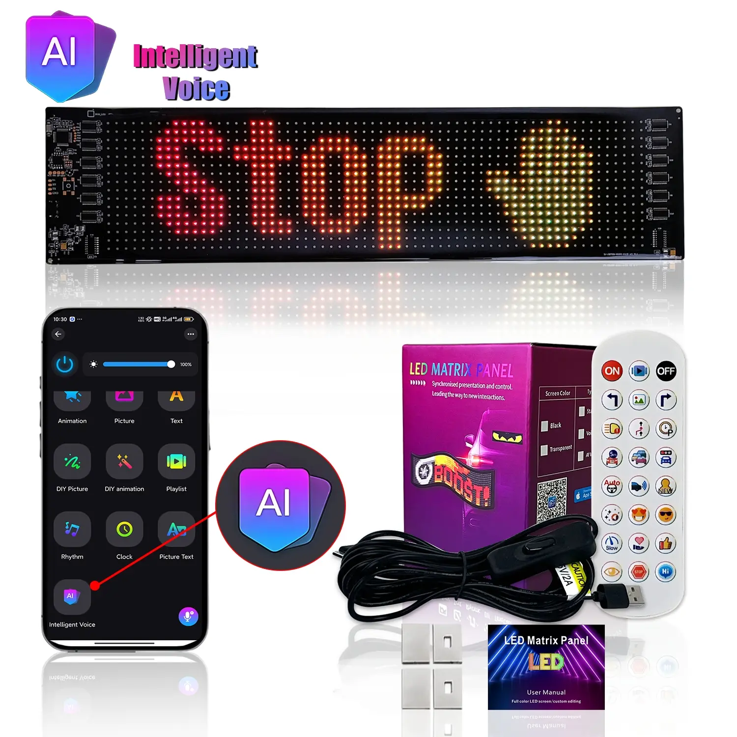 Portable Bluetooth-compatible Ai Voice Control LED Display, Programmable Flexible RGB Matrix Screen, USB 5v Powered, Ideal for Cars and Restaurants, Car Interior Accessories