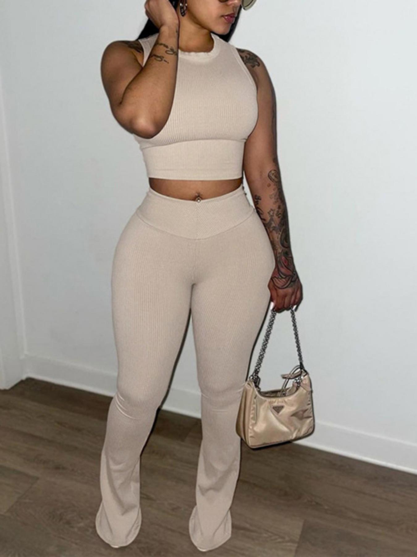 Women's Solid Crop Top & High Waist Skinny Pants Two-Piece Set, Casual Fashion Cozy Two Piece Outfits for Daily Outdoor Wear, Women Clothes for Summer