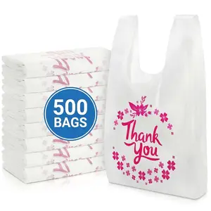 500 Pack Thank You T Shirt Bag, 15 Mic, 0.6 Mil Bulk White Shopping Bag with Handles, Plastic Grocery Bags To-go Bags for Small Business, Retail, Restaurant, Takeout, 13 x 7 x 21 Inches