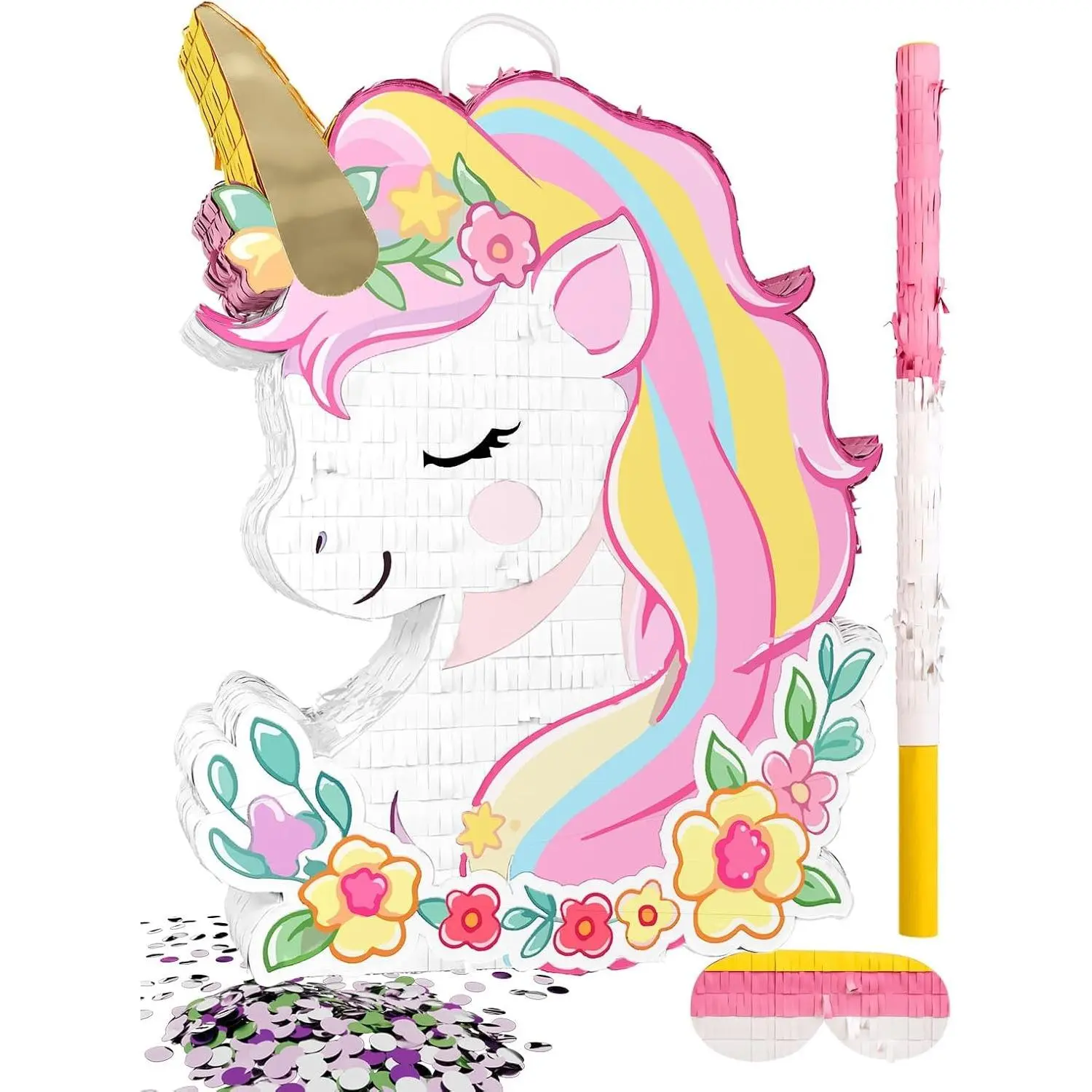 Piñata for Birthday Party Girl Princess Party Piñata with Wood Stick Blindfold & Confetti Rainbow Unicorn Birthday Decoration (15.6"x12.6"x3.1")