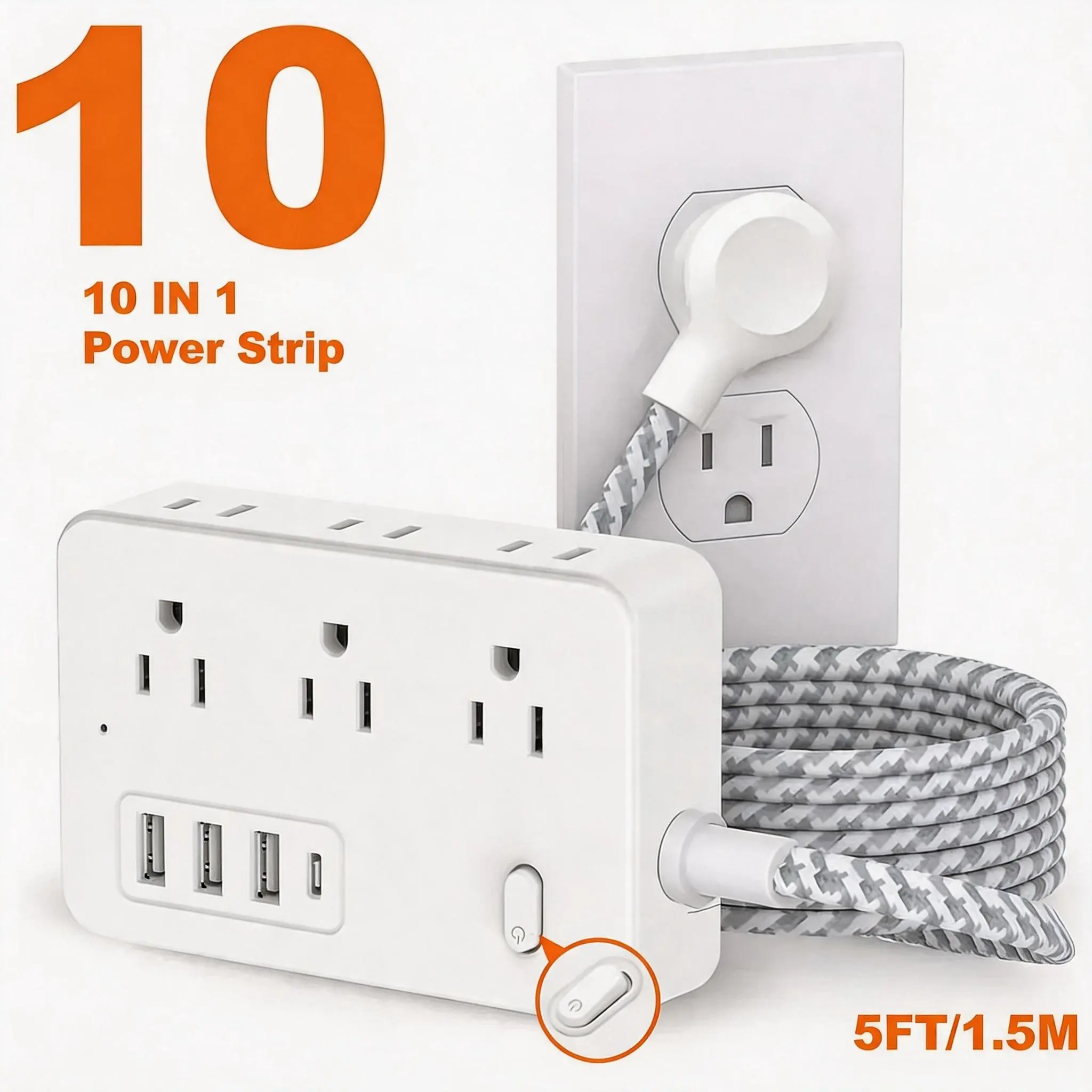 10FT 10-in-1 Power Strip Surge Protector with 6AC Outlets, 3USB &1Type-C Ports | 5FT Multi Plug Outlet Expander, Compact Desk Multi-plug Outlet | Flat Plug Design, Space-Saving Extension Cord for Home, Office And Kitchen
