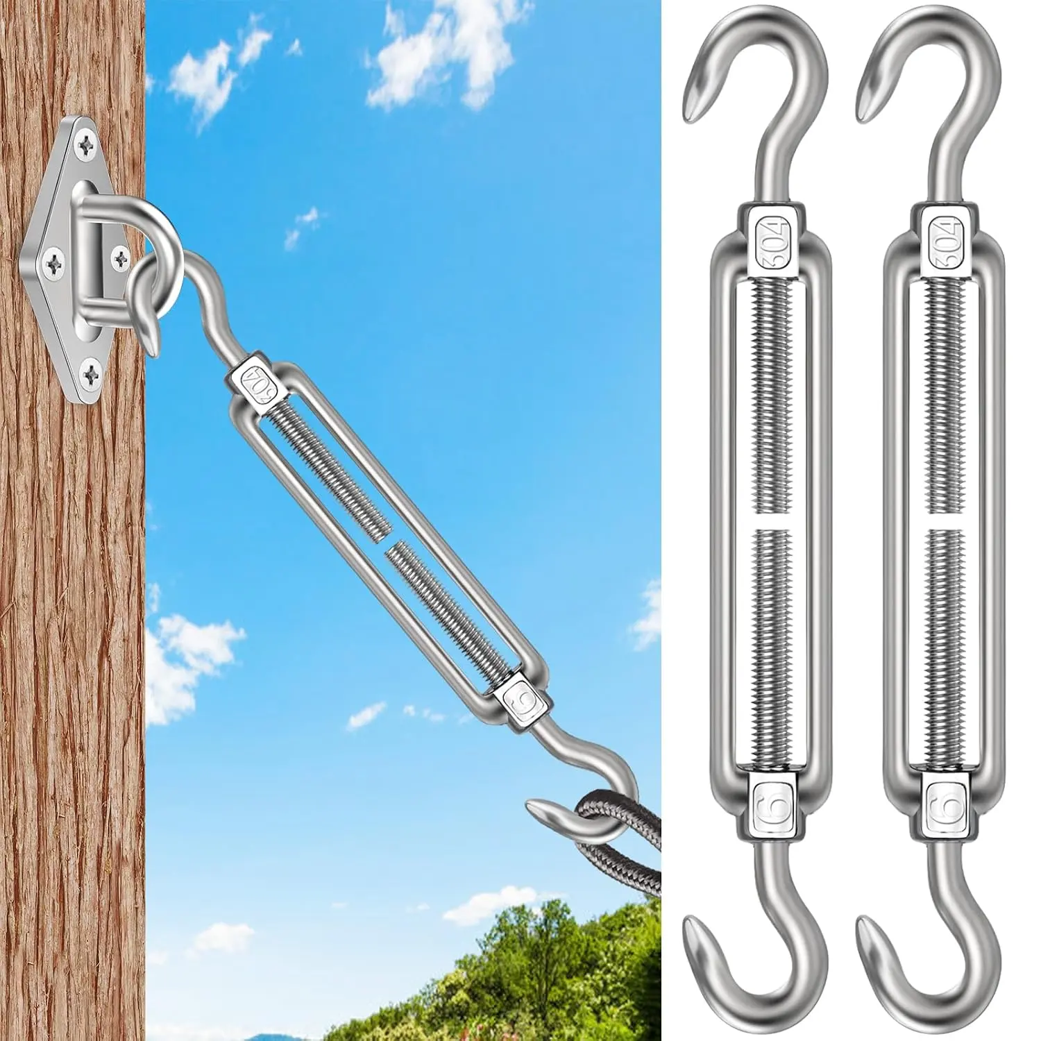 2 count M8 Hook & Hook Turnbuckle 304 Stainless Steel, Heavy Duty Turnbuckle for Wire Rope Tension,Sun Shade Tent Hardware