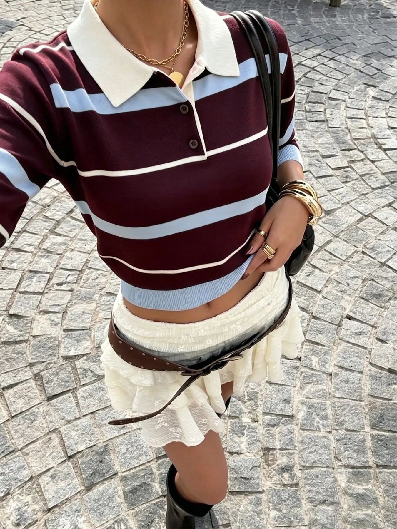 Retro striped cropped long-sleeve polo shirt, Striped polo shirts, women's slim-fit cropped tee, perfect for daily casual wear, commuting. Made of soft and stretchy fabric, a street style essential