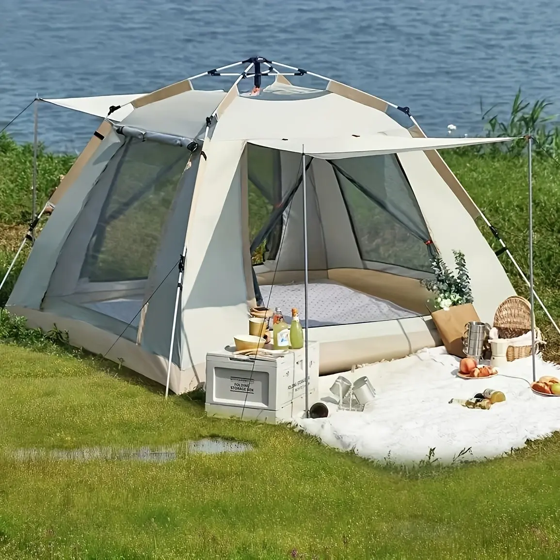 (94.49 X 94.49 X 61.02 inch) Family Camping Tent with Canopy - Quick Setup, Mosquito Netting, Windproof, All-Season, Beige, UV Protection, Multi-Band Sunshade, Durable Oxford Fabric, Perfect for Outdoor Adventures, Campers Additions