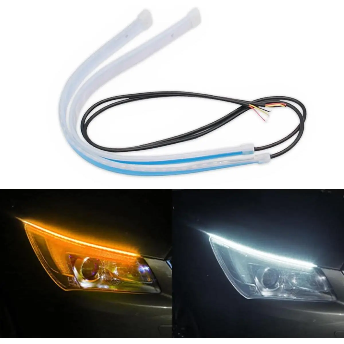 Dual Color Car LED Headlight Strip Lights, 18In/24In Waterproof Flexible Daytime Running Lamps, White Driving Light & Yellow Turn Signal Light Kit, 2Pcs Bendable LED DRL Strips for Most Truck SUV Vehicle Headlight Upgrade