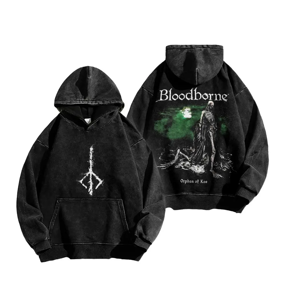 Bloodborne Orphan of Kos Long Sleeve Cotton Unisex Vintage Washed Hoodie