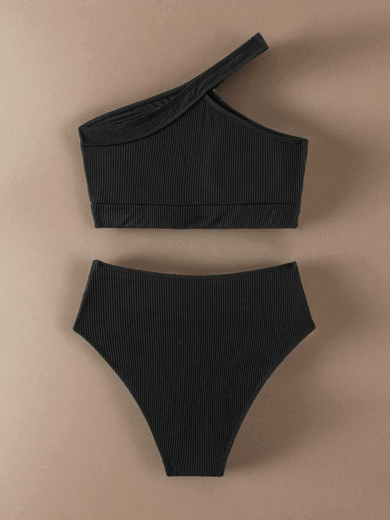 Two-Piece Set Women's Solid Color Ribbed Bikini Set for Beach Holiday Vacation, Ladies Swimwear, Swimsuits for All Seasons, Swimming Suit