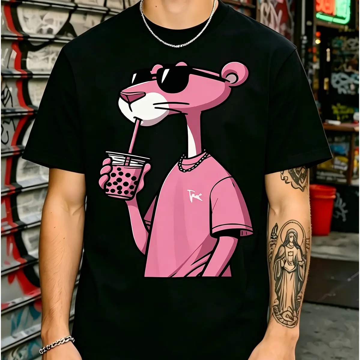 Unisex Pink Panther Graphic T-shirt - Boba Tea High-Res Print, Soft Washed Cotton, Casual Relaxed Fit, True US Sizes for Summer, Tshirt, All Seasons