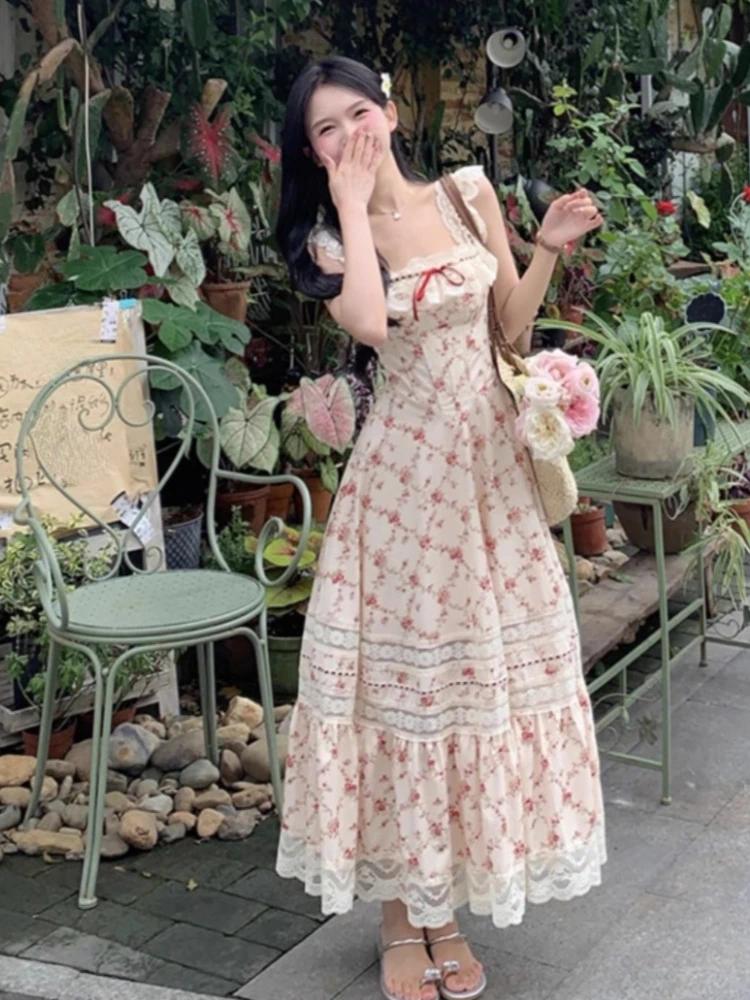 Y2k Summer French Elegant Floral Midi Dress Beach Style Korean Fashion Lace  Dress Evening Party Sexy Sleeveless Dress Woman Chic Casual Womenswear -  TikTok Shop