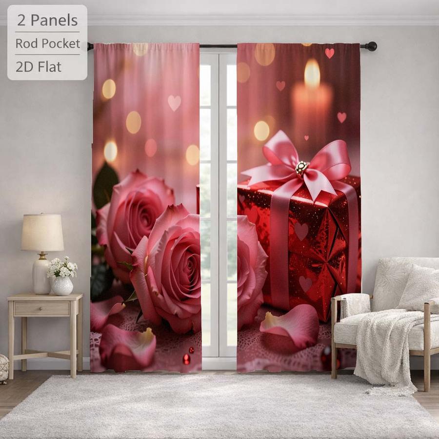 2Pcs Romantic Pink Rose Flower Gift Box Sun Blocking Curtains Digital Printed Rod Pocket, Window Treatment For Bedroom Office Kitchen Living Room Study Home Decor