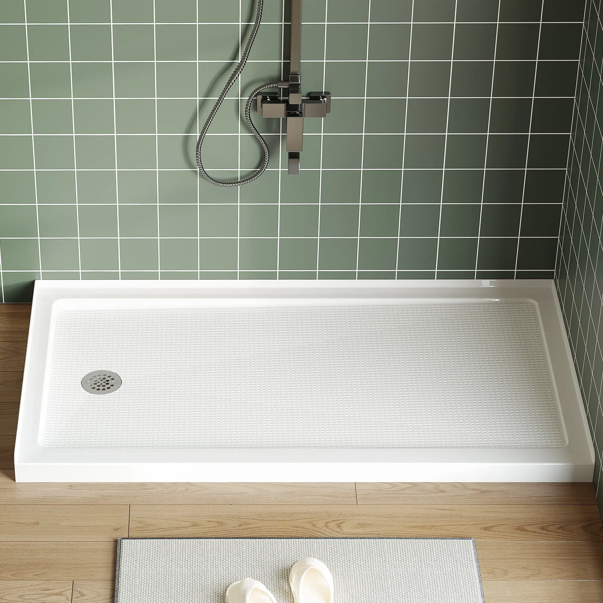 60x32 Inch Left Drain Shower Pan - Single Threshold Base, Non-Slip Textured Surface, Lightweight ABS Shower Base, Easy Install (Includes Drain Kit, White