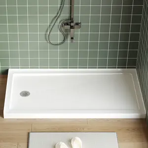 60x32 Inch Left Drain Shower Pan - Single Threshold Base, Non-Slip Textured Surface, Lightweight ABS Shower Base, Easy Install (Includes Drain Kit, White