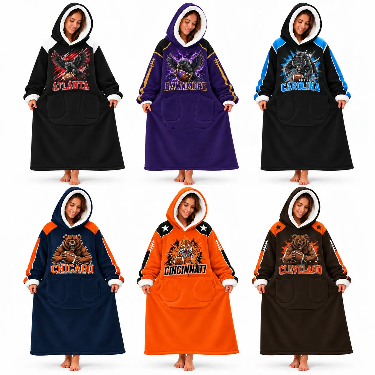 Women's Oversized Hooded Fleece Robe,Football pattern  Plush Sherpa Lined Long Sleepwear with Front Pocket, Cozy Winter Lounge Robe