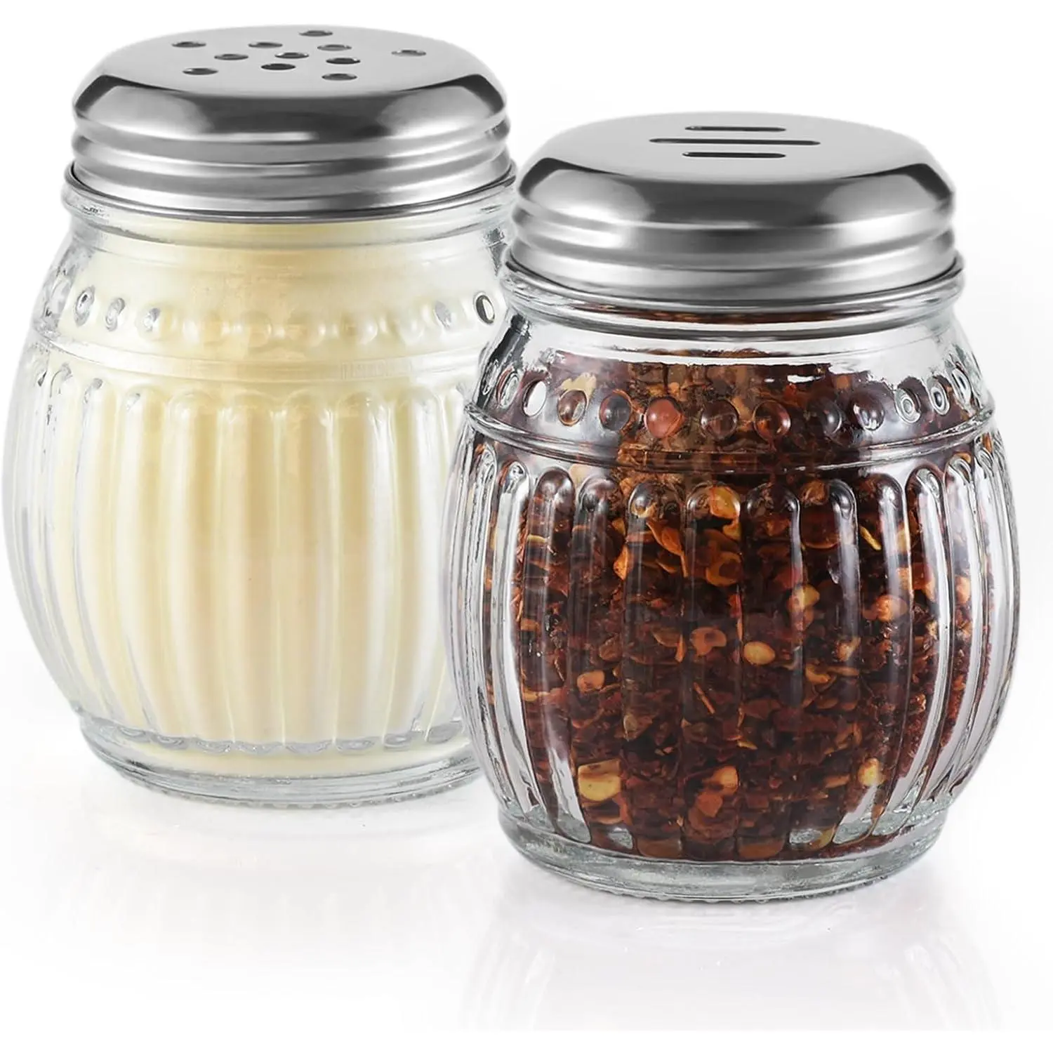 6oz Glass Cheese and Pepper Shakers Set of 2 with Perforated and Slotted Tops, Perforated Tops