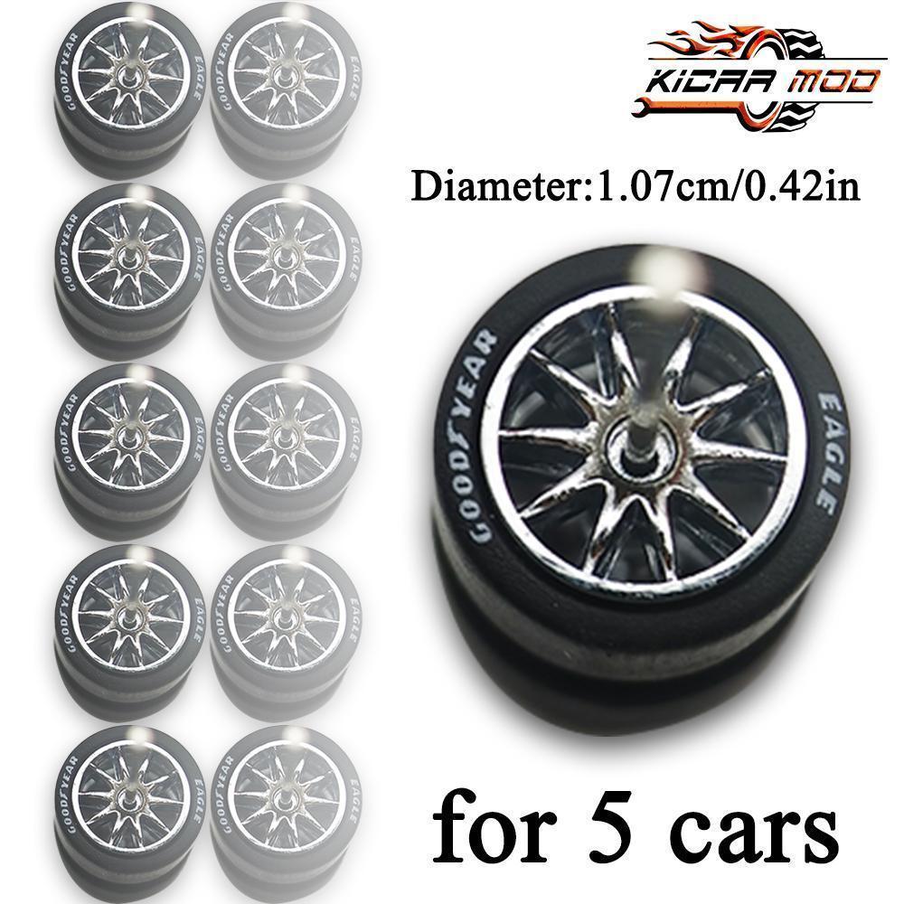 1/64 Wheels with Detachable Rubber Tires Ten Spokes 10.7mm for Model Cars Refiting Parts for Hotwheels (5 sets for 5 Cars)