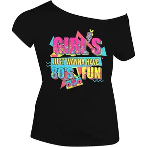90s 80s Outfit for Women 80's Theme Party Disco Shirt Off The Shoulder Tops Vintage 90s Neon Off Shoulder TopGift.