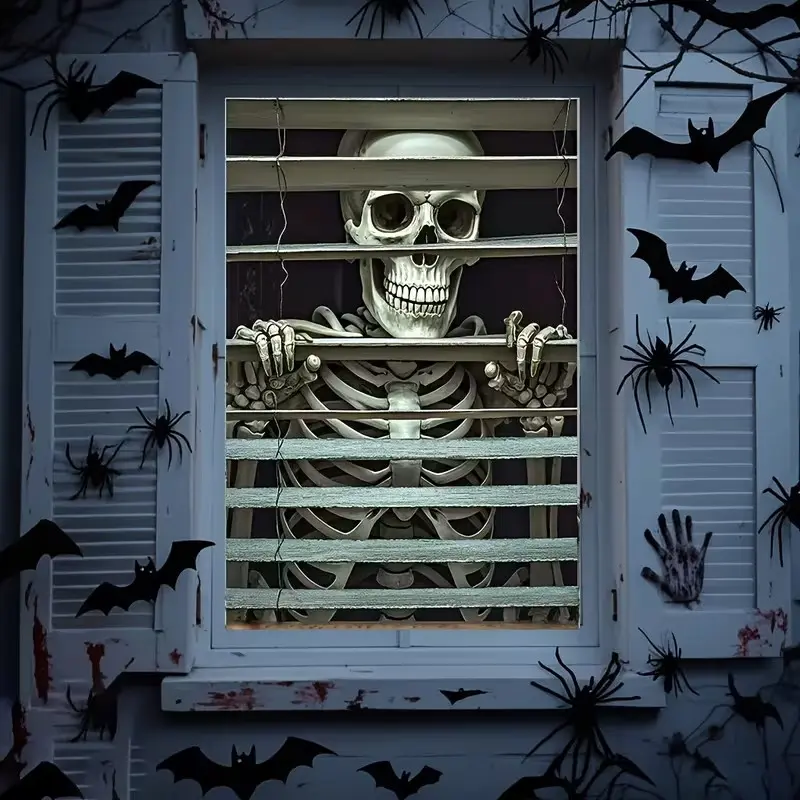 Halloween Horror Skull Ghost Smile Window Banner, 120cm X 80cm Polyester, Party Decor, Hole Punch Hanging, No Power Needed