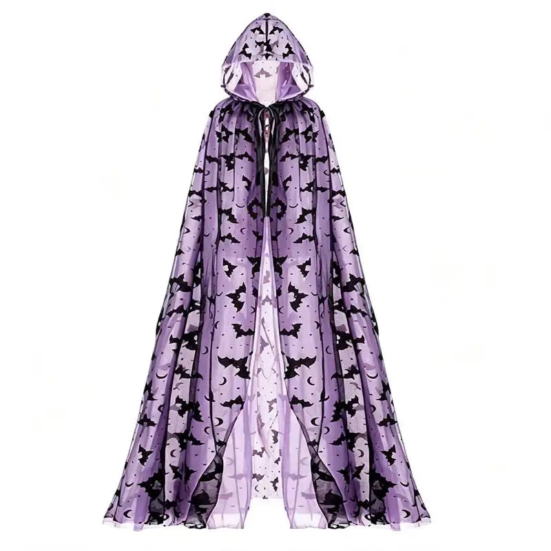 Unisex Halloween Witch Mesh Cape Cloak - Spider & Bat Printed Sheer Fabric Accessories, Lightweight Flowing Cosplay Outerwear for School Events, Holiday Parties, Spooky Role Play