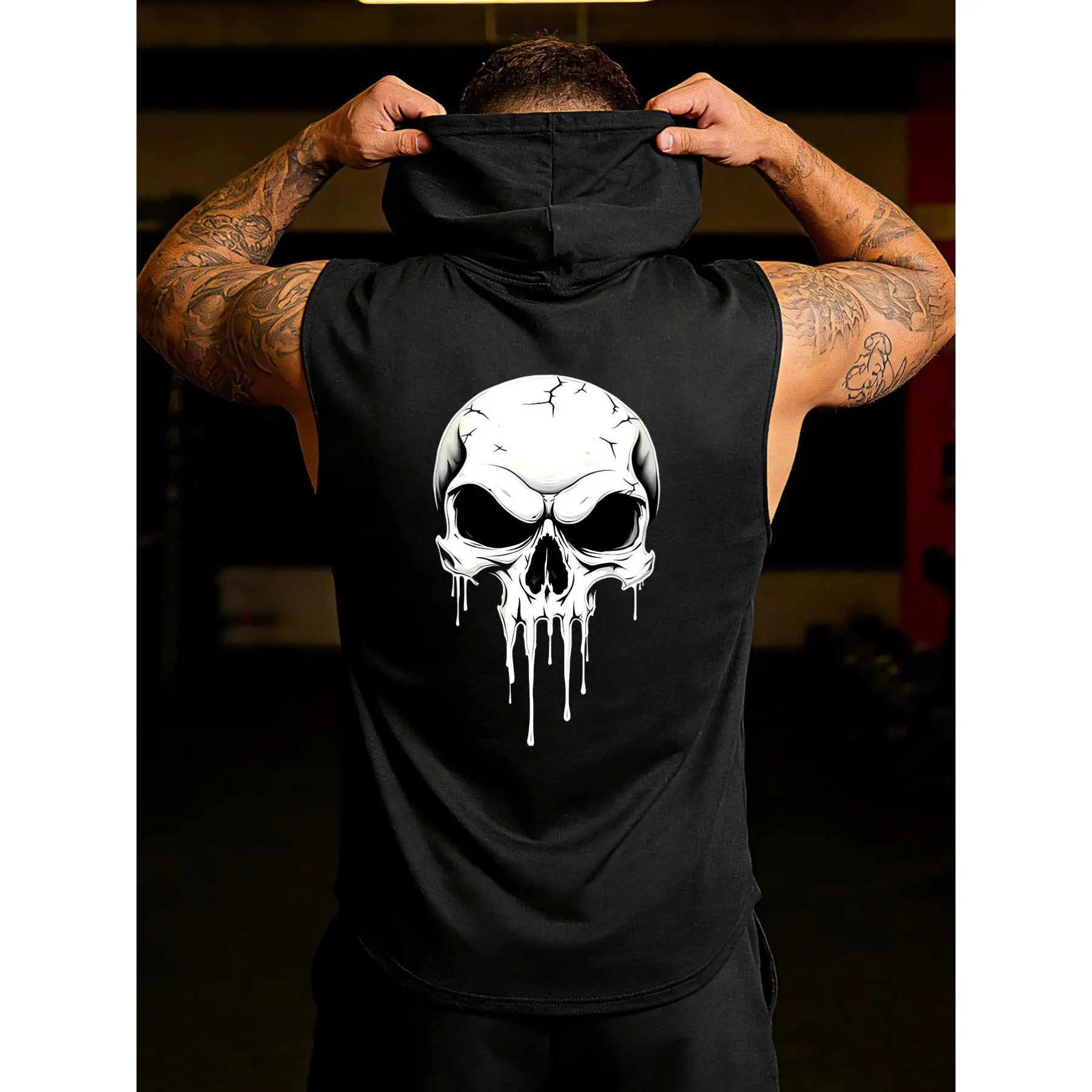 Skull Back Large Print Men'S Hooded Sleeveless Vest Dark Trendy Cool Style Daily Outing Style Subculture Enthusiast Gift Valentine'S Day Gift St. Patrick'S Day Gift Suitable for Commuting/Casual Occasions