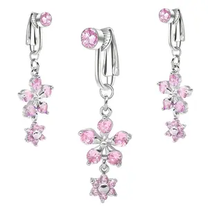 Copper micro-inlaid non-piercing navel ring, flower fake navel stud, pink zirconium navel clasp