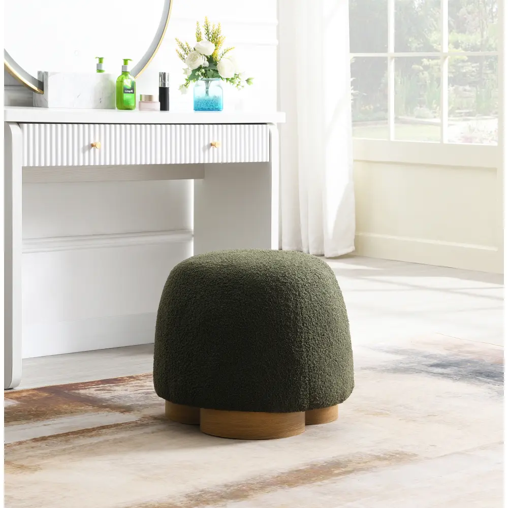 Fully Assembled Round Soft Teddy Fabric-Upholstered Ottoman - Foam-Padded Short Box Footstool, 12 lbs, 20 x 20 x 17 Inches, Modern Sofa Couch Footrest, Extra Seating for Bedroom Entryway, Olive Green