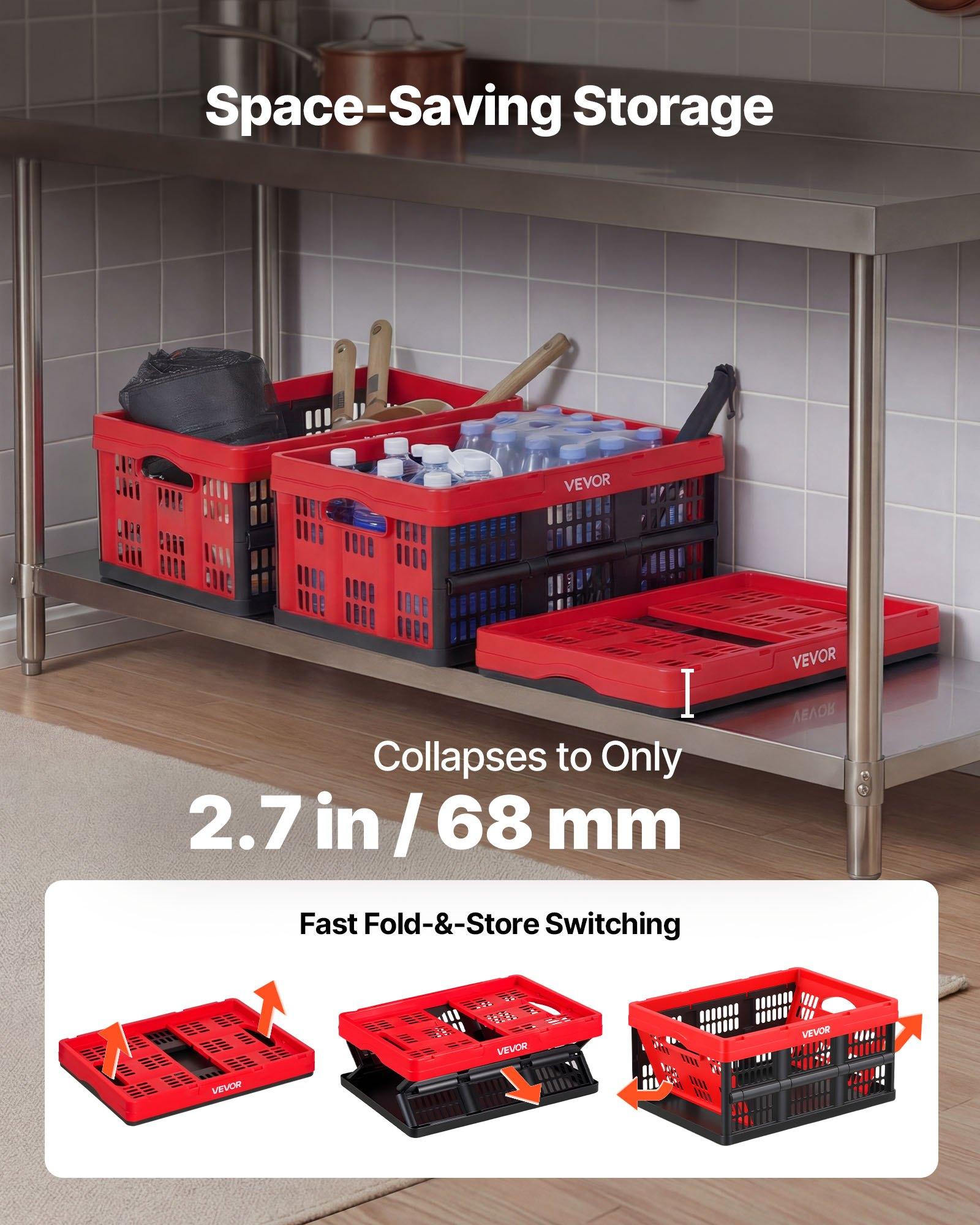 VEVOR Plastic Collapsible Storage Bins, 32L 3 Packs, Stackable Folding Storage Crates with Handles, Holds 26 lbs Per Bin, Foldable Heavy Duty Containers, Space-Saving Baskets, for Home Organizing