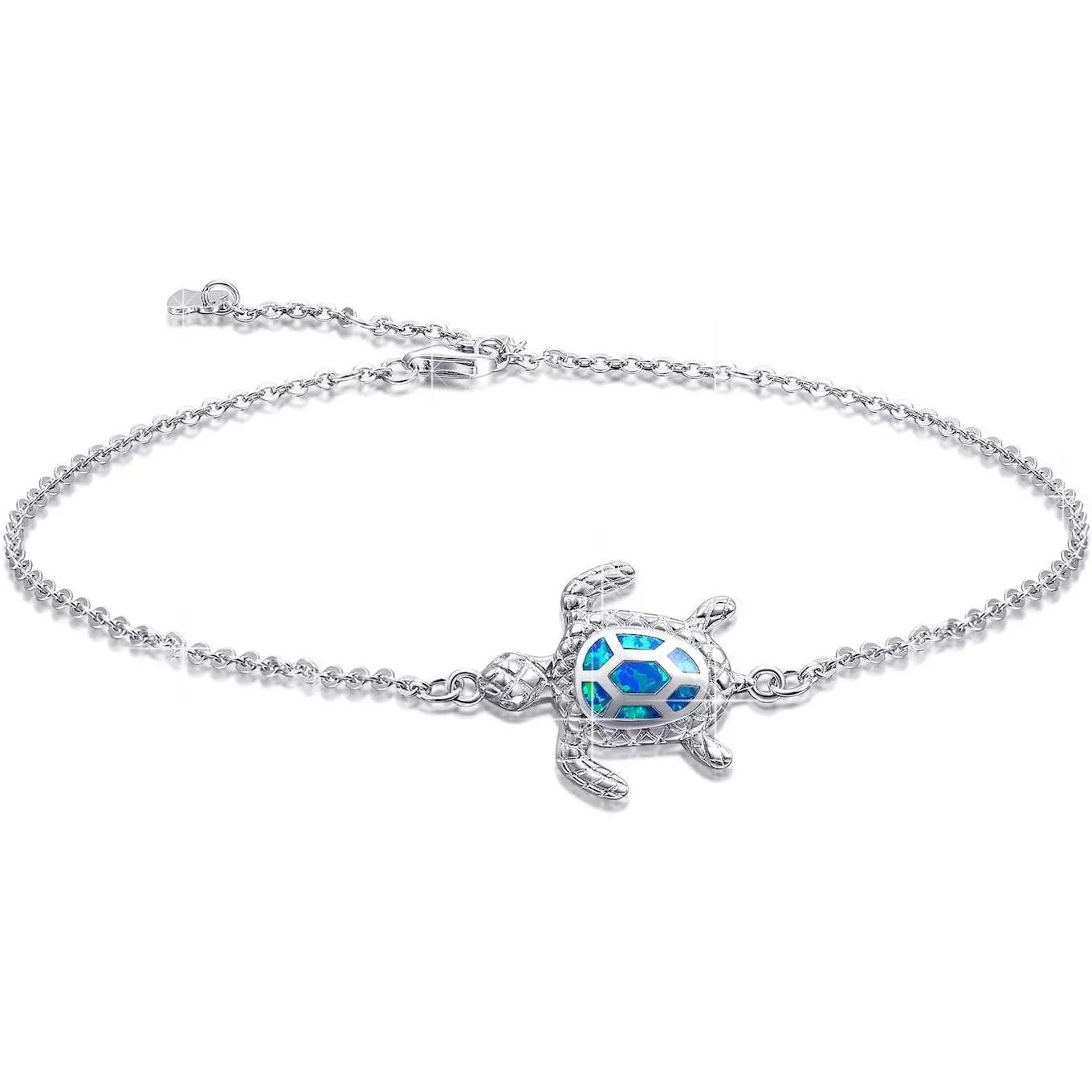 Women's Sterling Silver Blue Opal Sea Turtle Anklet Charm, Fine Jewelry with 4-Level Adjustable Size, Longevity Symbol Gift Choice