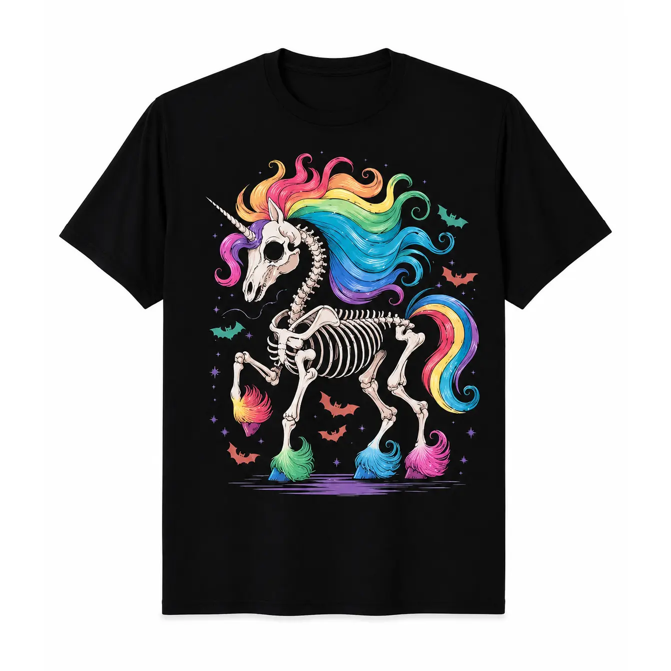 Unisex 100% Cotton Short-Sleeve Rainbow Skeleton Unicorn T-Shirt - Gothic, Halloween, Aesthetic, Colorful Everyday Sports Top, Love, Baggy, Oversized, Shortsleeve, Lightweight, Breathable