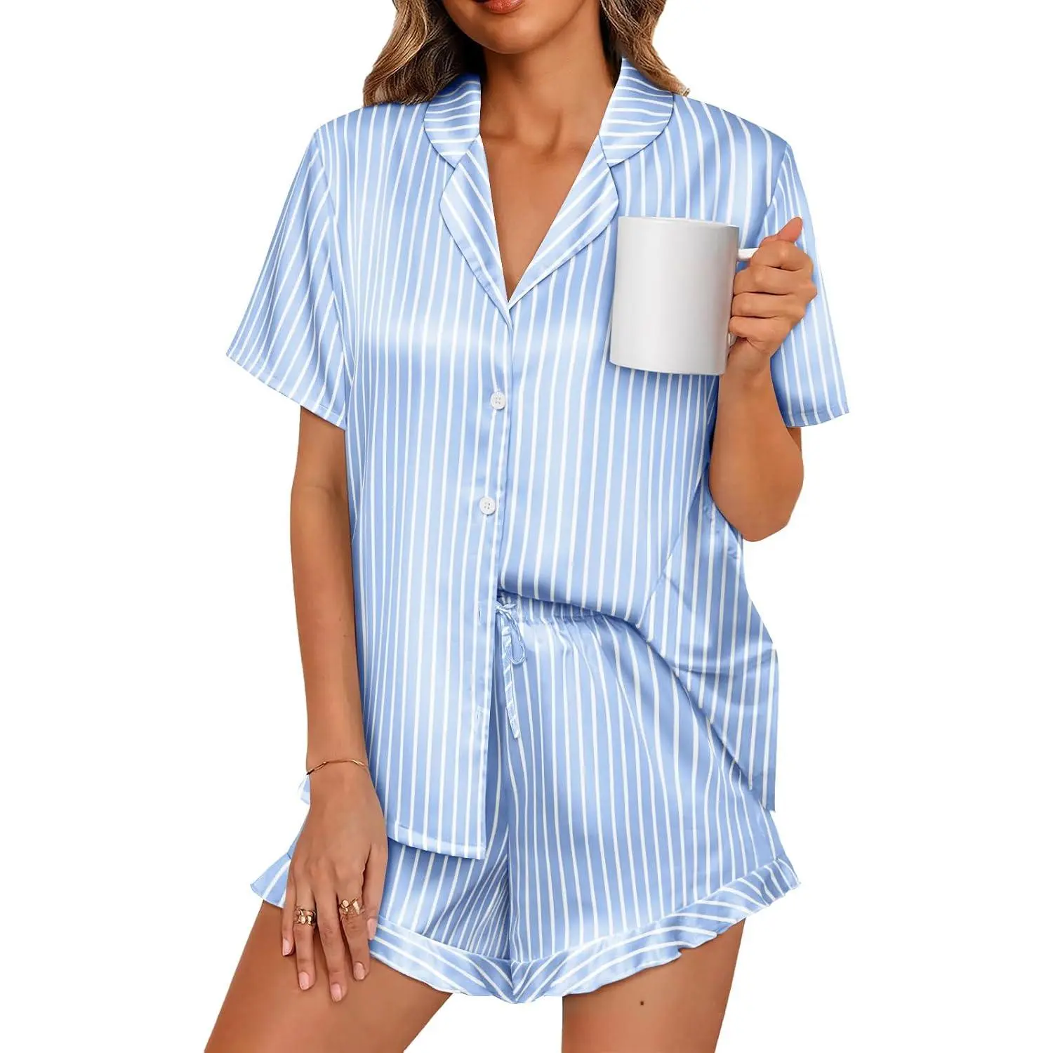 Womens Satin Silk Pajamas Set 2 Piece Ruffle Pjs Winter Matching Lounge Sleepwear Button Down Striped Shirt Shorts