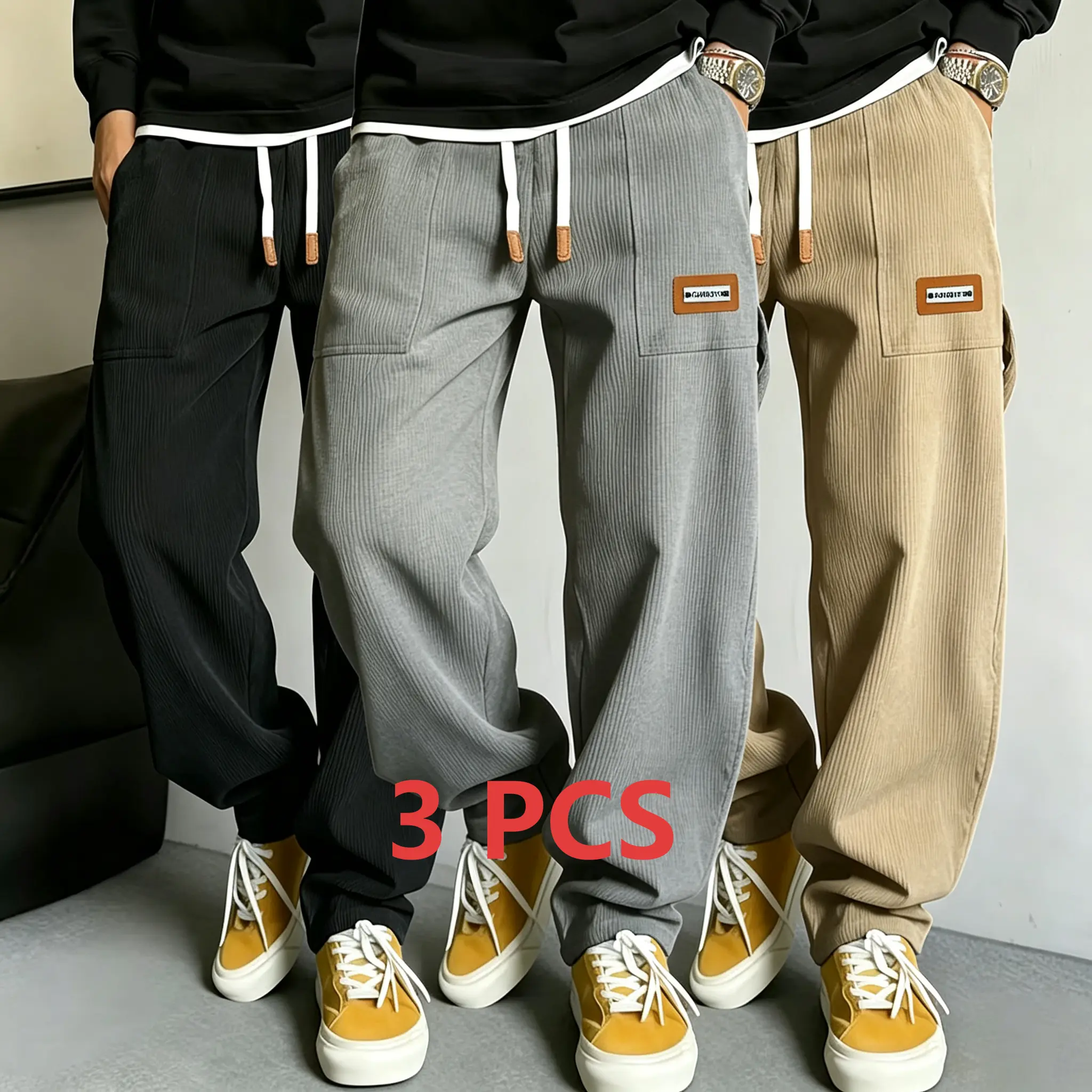 3pcs Men's Big & Tall Corduroy Cargo Pants Elastic Drawstring Waist Multi Pocket Loose Wide Leg Casual Trousers  Menswear