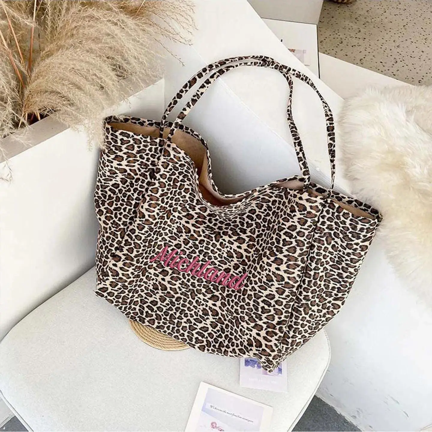 Custom Name Leopard Tote Bag Women Large Capacity Shoulder Bag Personalized Embroidery Fashion Casual Shopping Beach Handbag