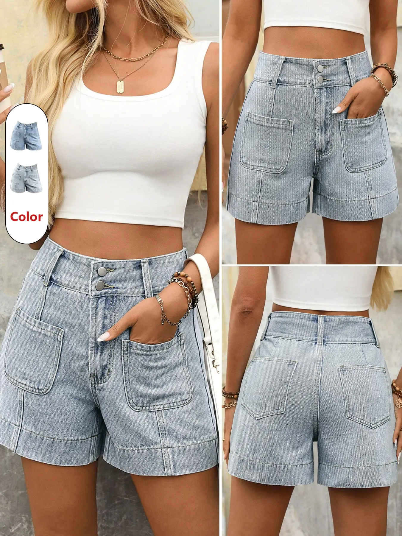 Women's Light Wash Denim Button Pocket Shorts with Pockets, High Waist Fitted Style, Casual Everyday Summer Wear, Comfortable and Fashionable, Perfect Daily Choice