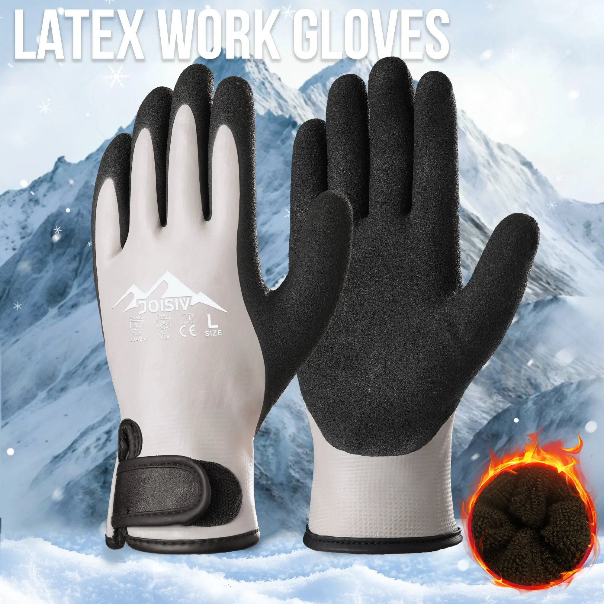2 Pair Winter Thermal Work Gloves, Fleece Liner, Warm Insulated, Latex Double Coated, Adjustable Strap, Blue, Ideal for Outdoor Activities