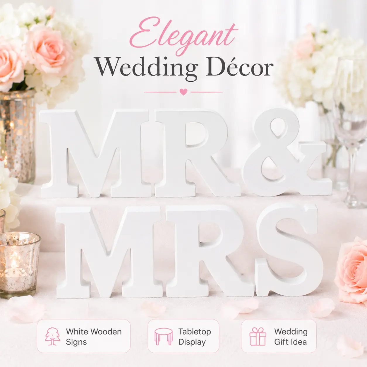 White Wooden Mr & Mrs Freestanding Plaque Sign Set of 3 (Varied Sizes) - Vintage Chic Home Decor, Anniversary Gift, Wedding Reception Sweetheart Table Desktop Decoration