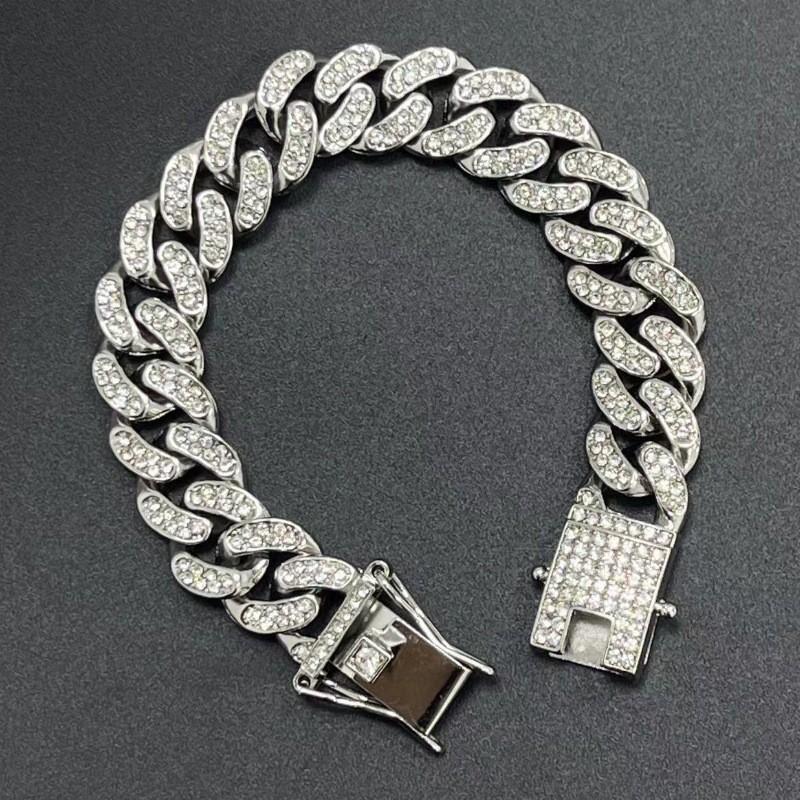 Hip Hop Pet Dog Collar Cuban Chain Dog Chain Full Diamond Necklace with Silver Clasp