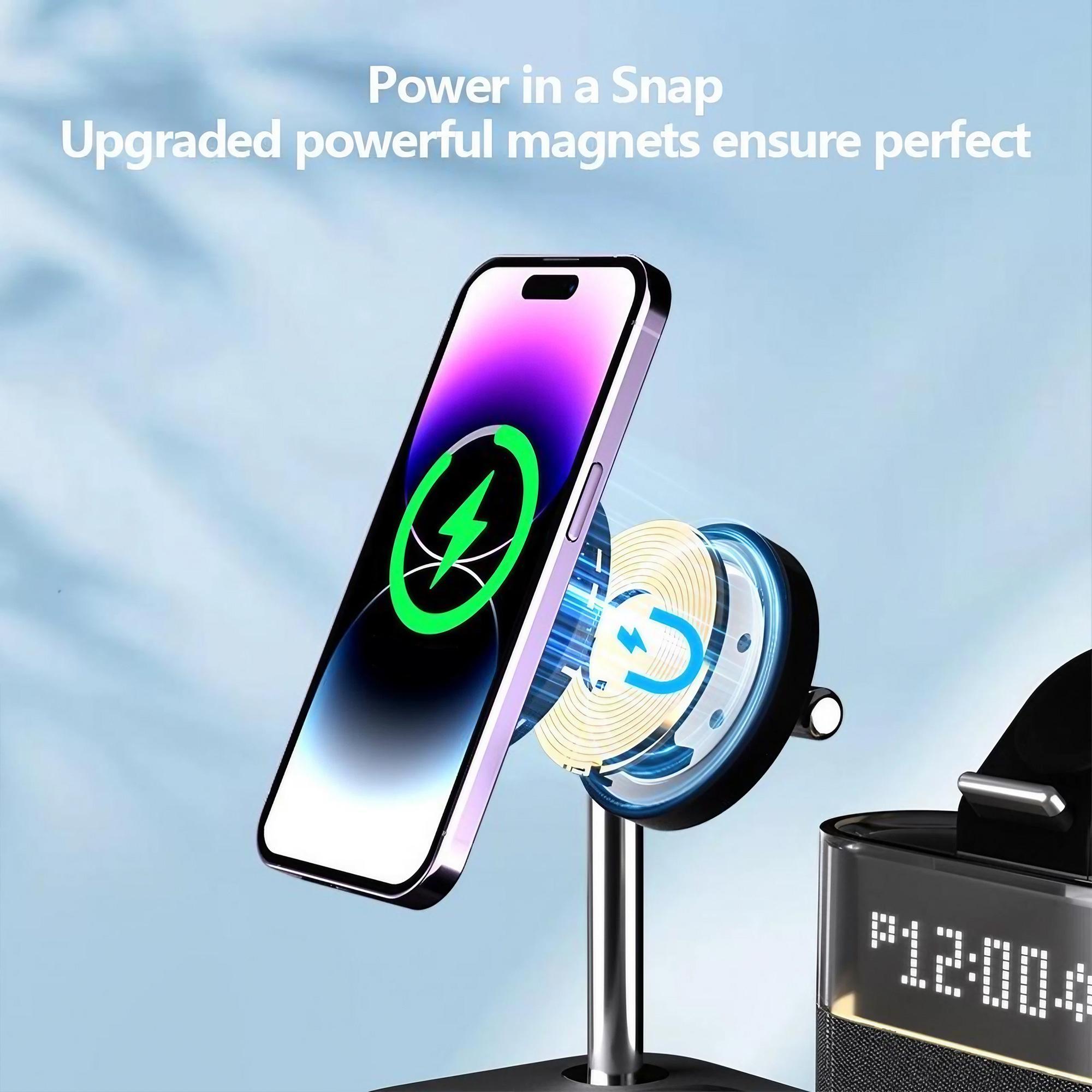 5-in-1 Wireless Charger with Clock, Magnetic Wireless Charger Stand for iPhone, Apple Watch, Airpods, Smart Watch Accessories, Magsafe Charger Set, Black Charging Station, for Smartphone, Magnetic Charging Design, Charging Dock