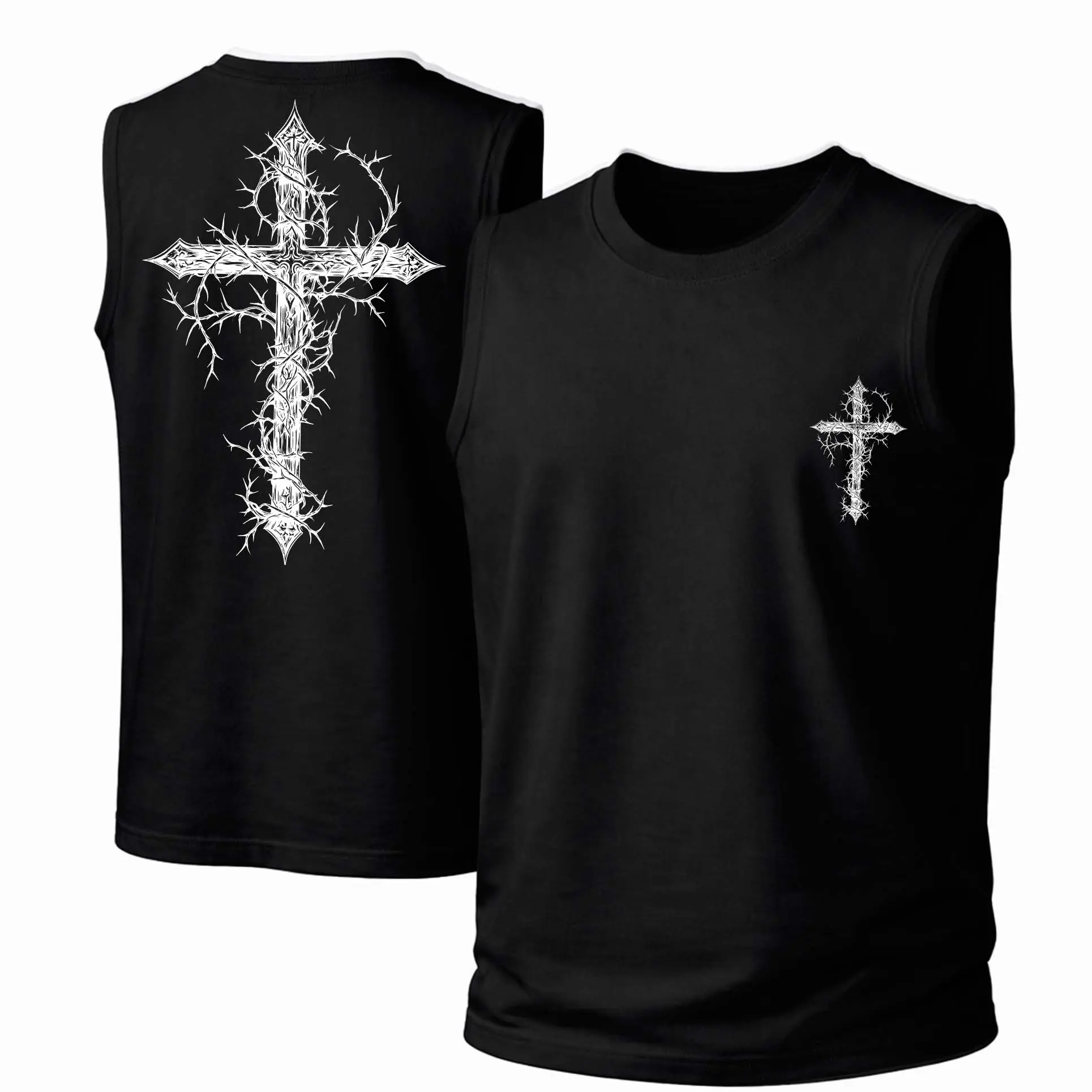 Men's Cotton Sleeveless Tank Top -“Black Thorn Cross” Printed Style. This Is A Casual Item Suitable For Both Men And Women, Especially Perfect For Spring And Summer; The Cool Print And Classic Crew Neck Cut