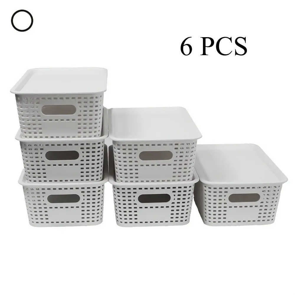 6-Piece Set of Plastic Storage Baskets with Lids (Black/White/Gray) — Stackable Decorative Organizer Bins for Shelves, Drawers, Desktops, Closets, Playrooms, Classrooms, and Offices