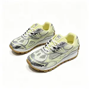 Soft Pale Yellow Silver Mirror Metallic Trim Fashion Casual Retro Running Sneakers Hollow Breathable Grid Mesh Cushioned Anti Slip Gum Rubber Sole Y2K Trendy Street Daily Walking Athletic Trainers