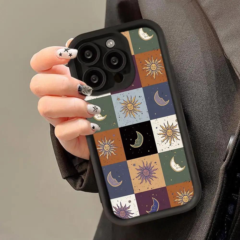 TPU Phone Case Featuring a Sun And Moon Grid Design, Designed to Be Shockproof And Fall-Resistant, Making It a Perfect Birthday Or Festival Gift for Both Men And Women, Compatible with iPhone 17 E Air Pro ProMax iPhone16 15 14 Plus 13 12 Mini 11 X XS XR ﻿
