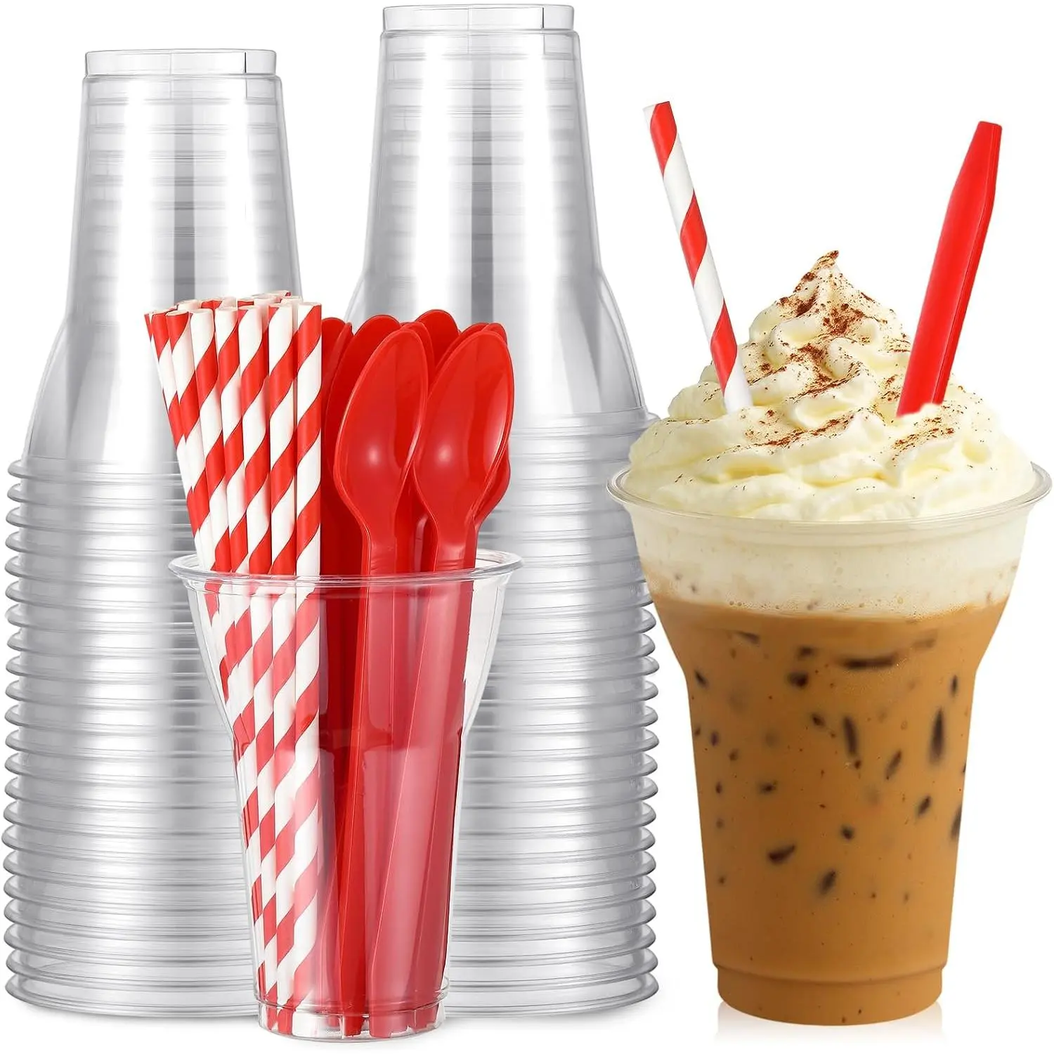 25 Sets Plastic Parfait Cups with Red Spoon and Paper Straw, 12oz | Disposable Root  Float Cups, Plastic Soda Spoons, Clear Milkshake Mugs for Ice Cream Sundae Yogurt Soda Party Drinks