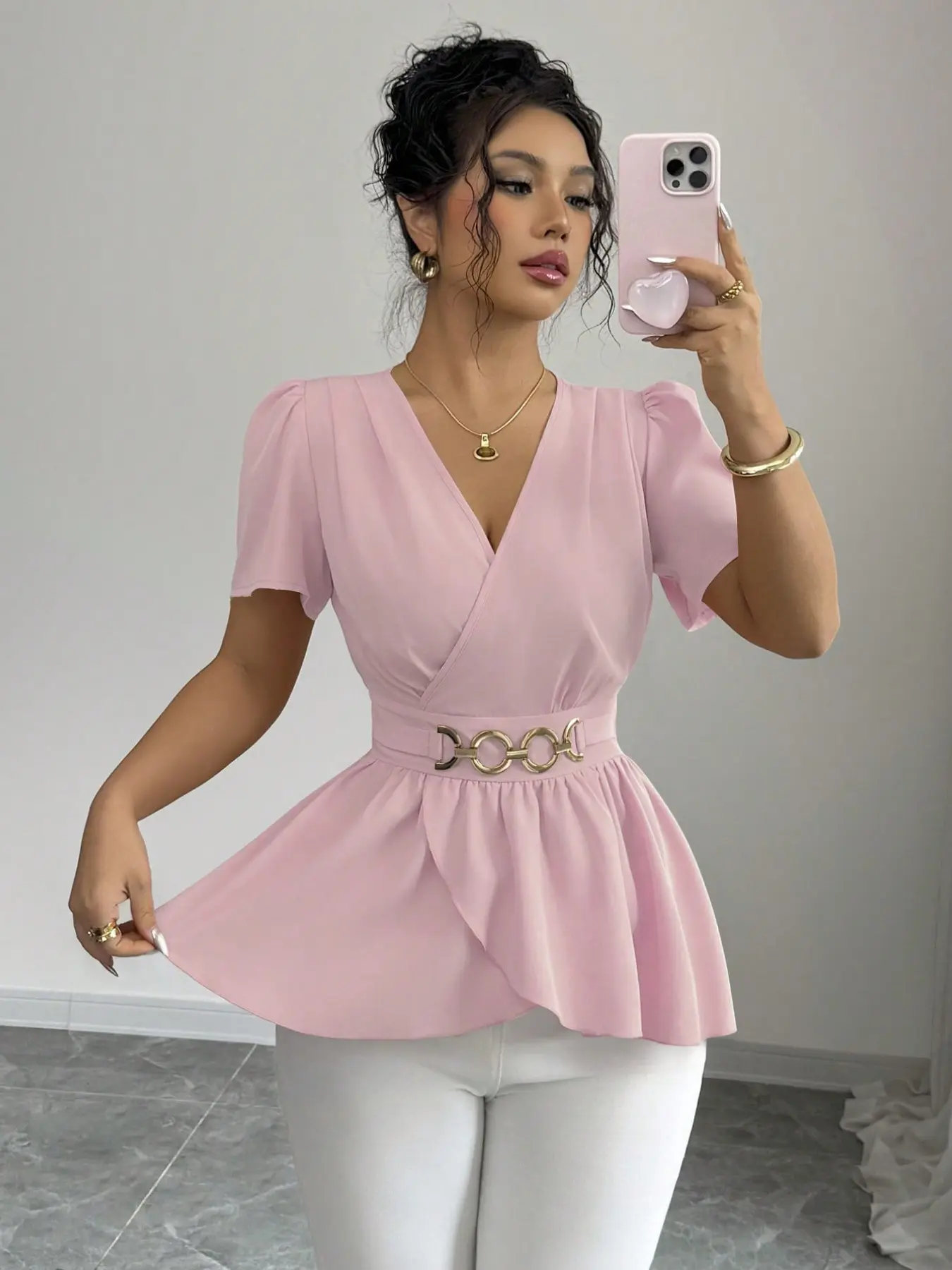 V Neck Bubble Short Sleeve Blouse, Waist Cinch Ruffle Hem Top, Non-Removable Metal Ring, Fitted Plain Shirt, Unlined Clothing