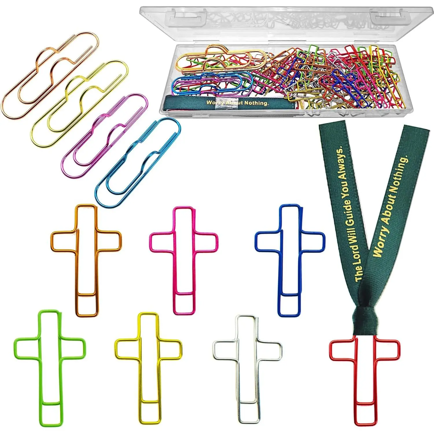 Paper Clips with Ribbons and Pen Clips,  Study Supplies Gifts | 94 count Set 70  Paperclips 20 Christian Ribbons 4 Pen Holder Clips.  Stuff Journaling Accessories Religious Gifts
