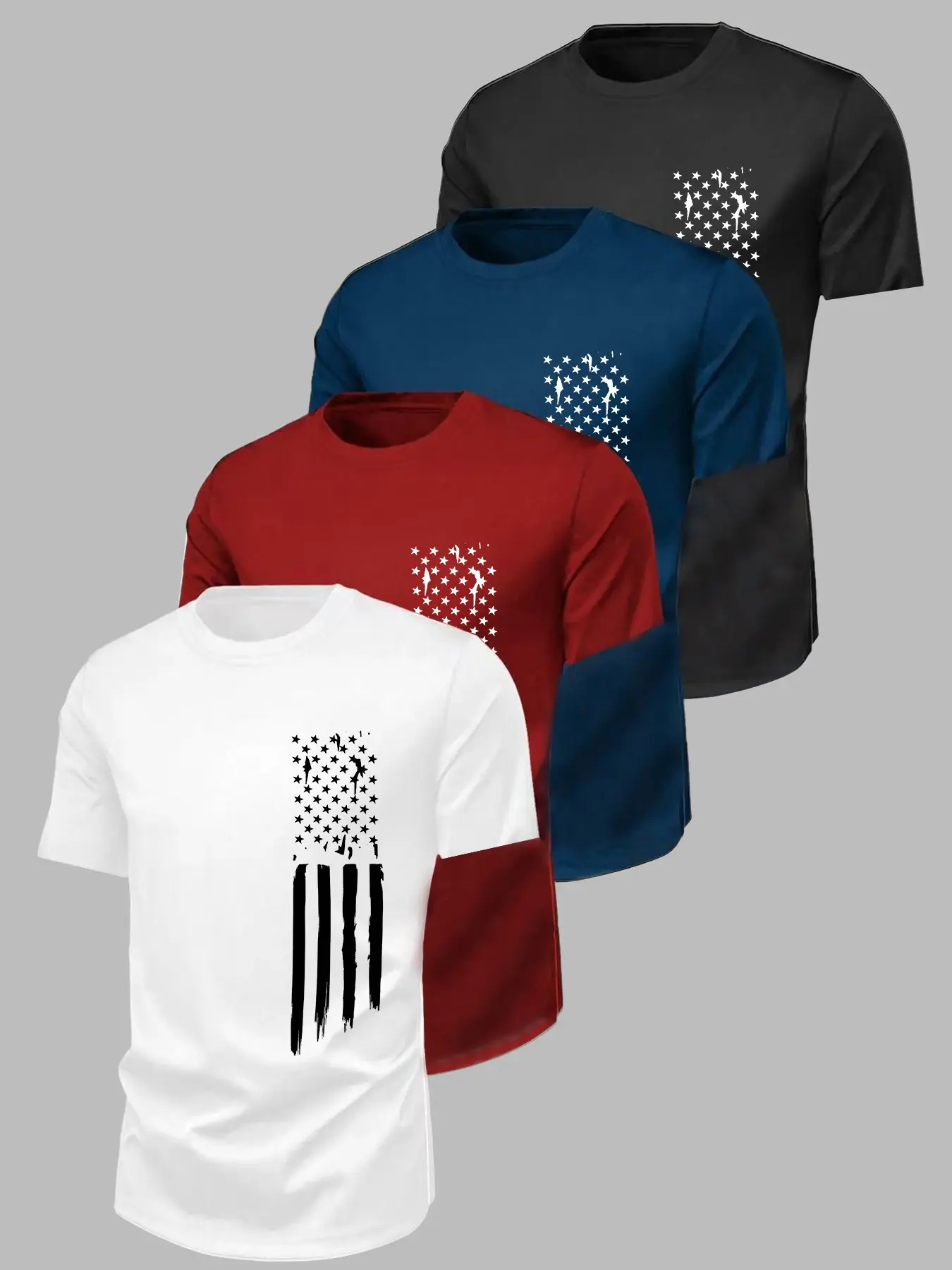 Men's Simple American Flag Print Short Sleeve Four-Piece Set, Comfortable Round Neck T-Shirts, Casual Daily Wear, Breathable Sports Tee