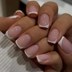 Press On Nails Short Square White French Gel False Nails Set 24Pcs Solid Color Nude Acrylic Glossy Full Cover Nail Kits for Women Natural Fit Skin Care