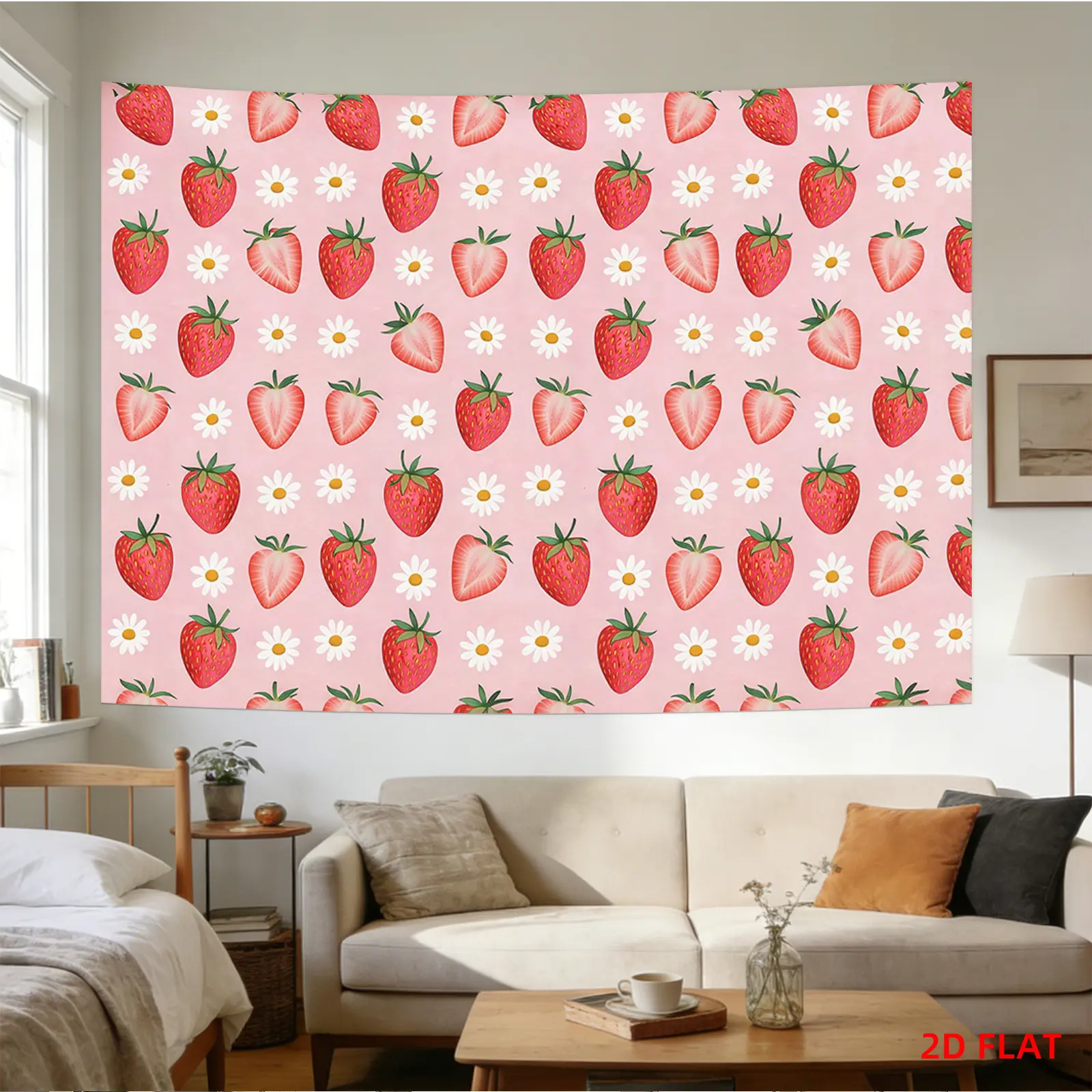 Strawberry & Daisy Tapestry Wall Hanging - Pink Background • Suitable for Bedroom, Living Room Decor • Large Horizontal Wall Tapestry Suitable for Room Decor • Fruit Daisies Print